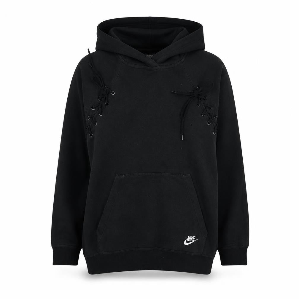 Front view of Nike Women Black Lace Up Pullover Hoodie Medium Cotton Blend