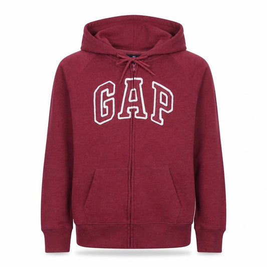 Front view of Gap men’s red full zip hoodie m logo fleece sweatshirt