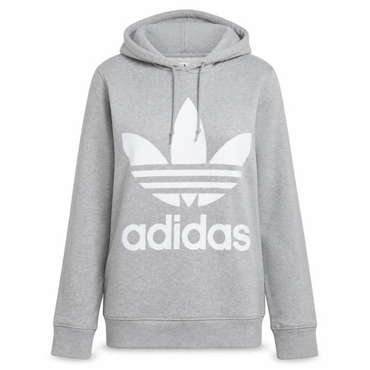 Front view of Adidas Women Grey Pullover Hoodie, size 14, Logo Print Cotton Blend
