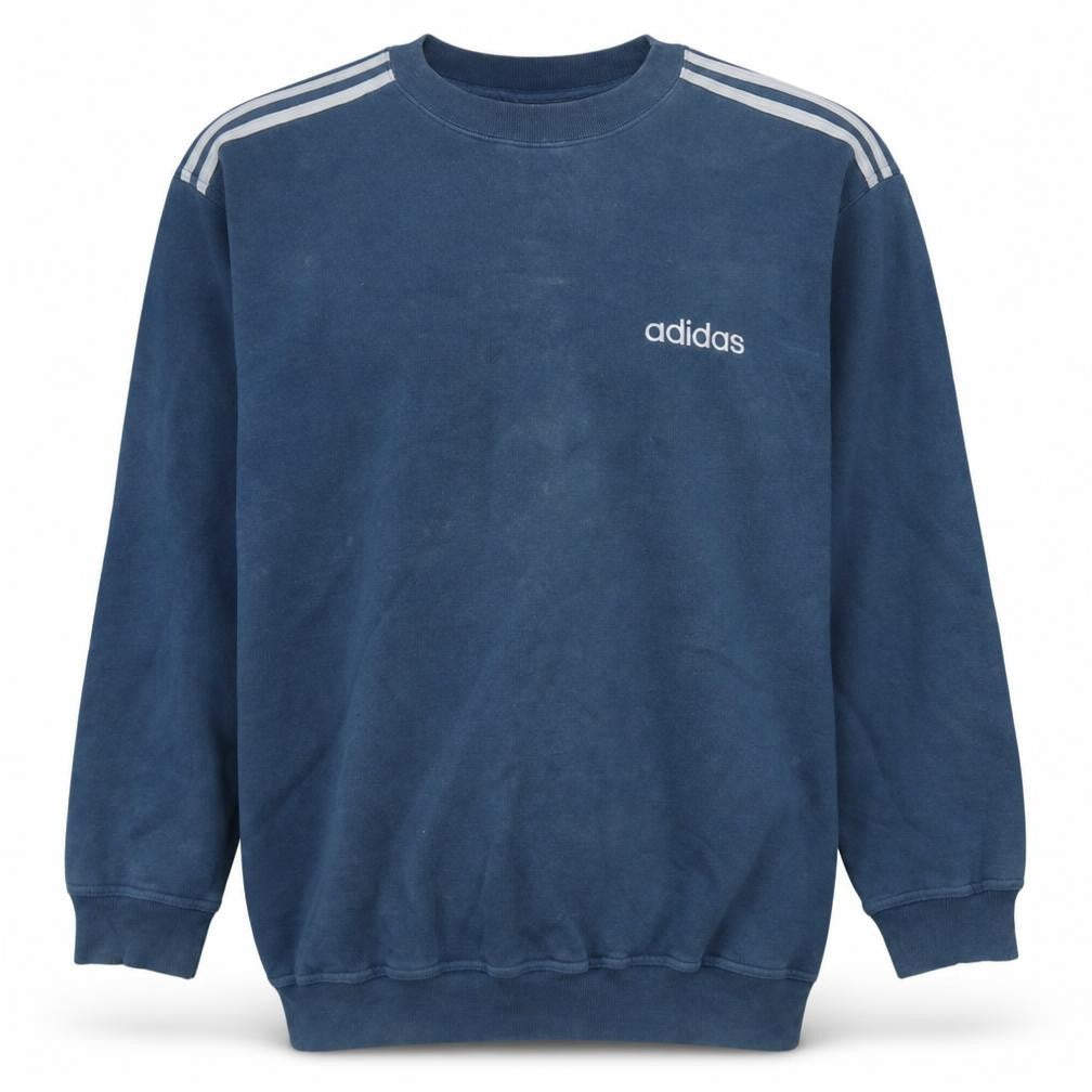 Front view of Adidas men’s blue embroidered logo pullover sweatshirt, size L