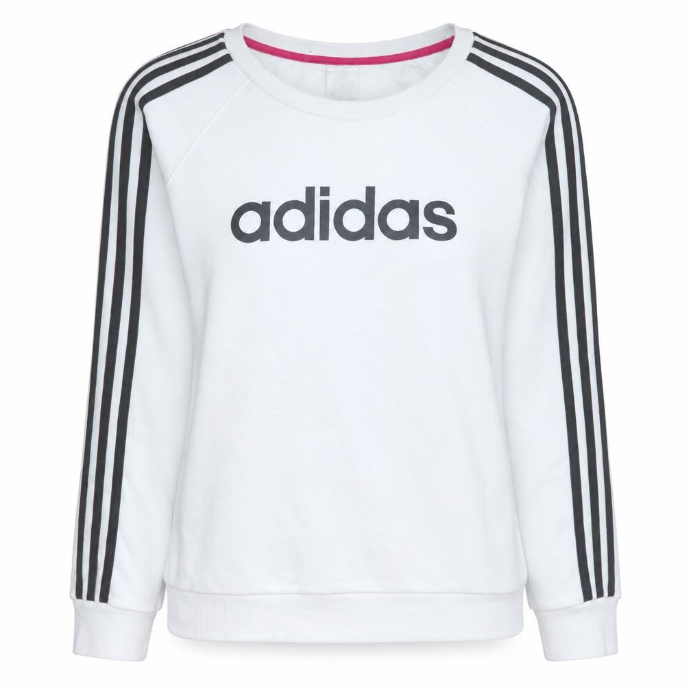 Front view of Adidas women’s white xl pullover sweatshirt with logo sleeves