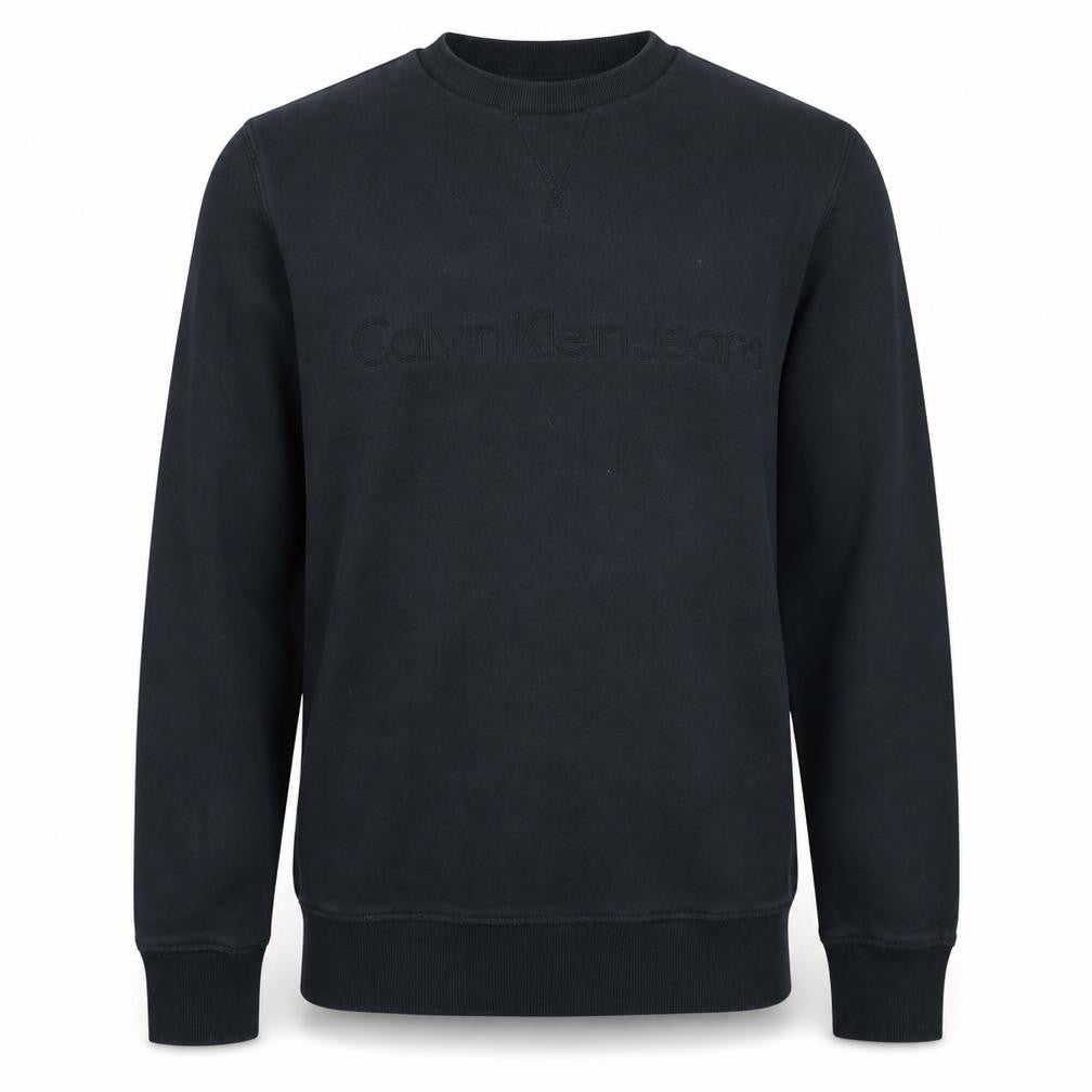 Front view of Calvin Klein Jeans Men Black Large Crew Neck Cotton Sweatshirt