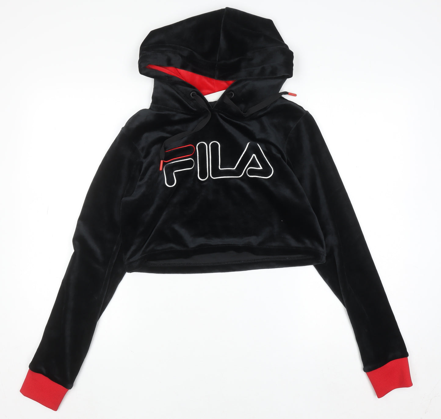 FILA Womens Black Velour Cropped Hoodie UK M