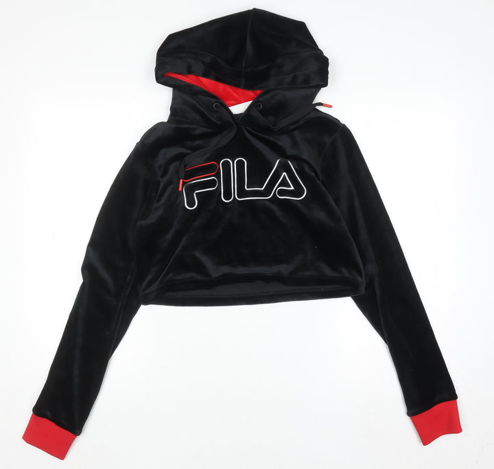FILA Womens Black Velour Cropped Hoodie UK M