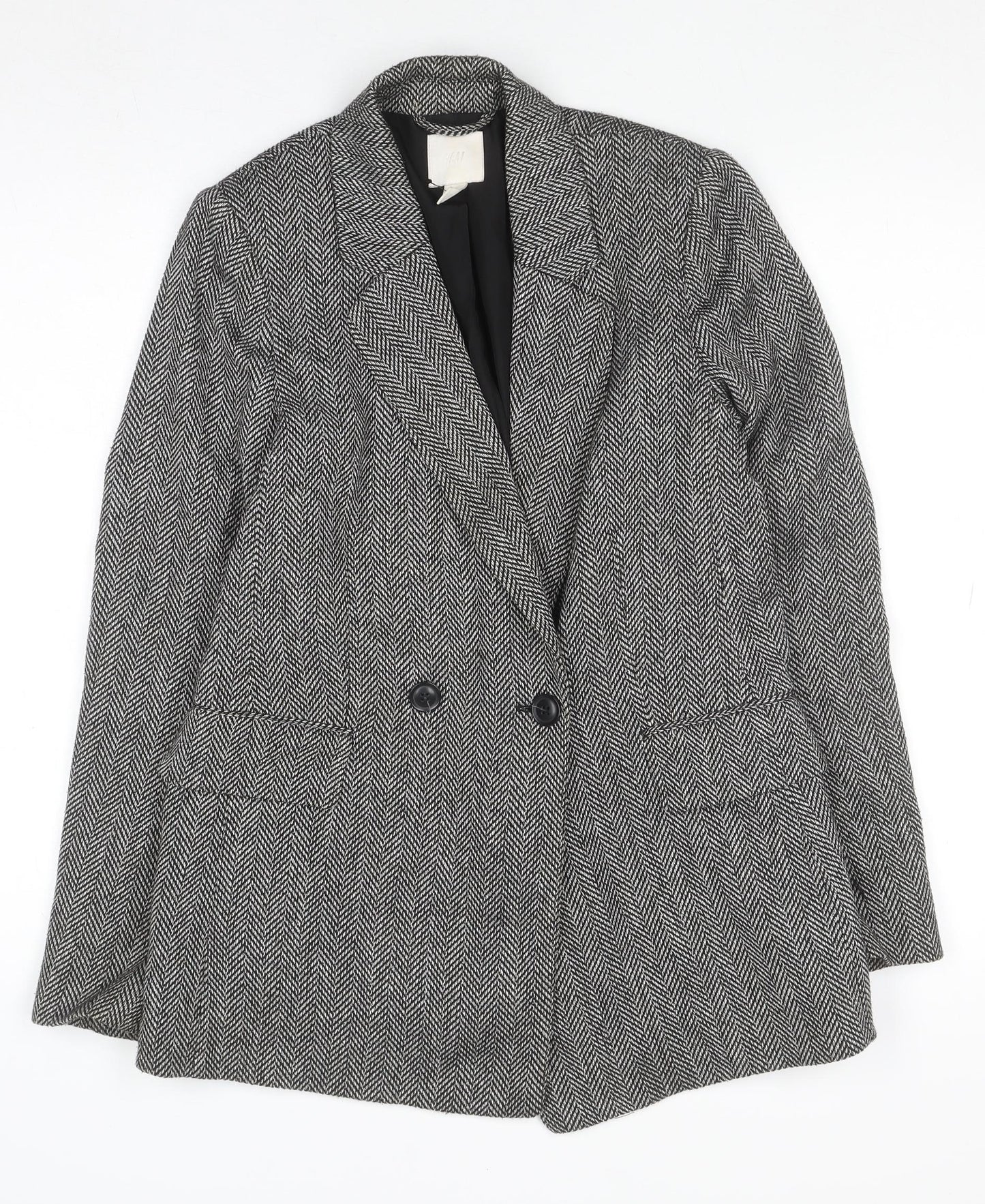 H&M Women’s Grey Herringbone Blazer Jacket Size 6 Classic Style