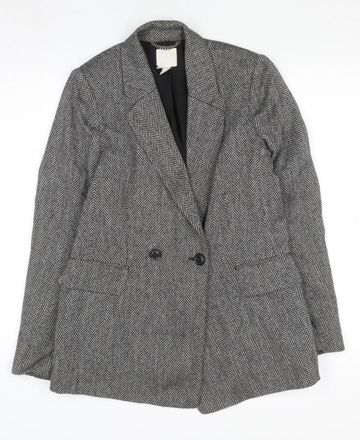 H&M Women’s Grey Herringbone Blazer Jacket Size 6 Classic Style