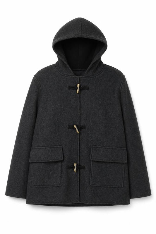 Front view of Encuentro Men's Grey Hooded Toggle Mid-Length Coat, size 44