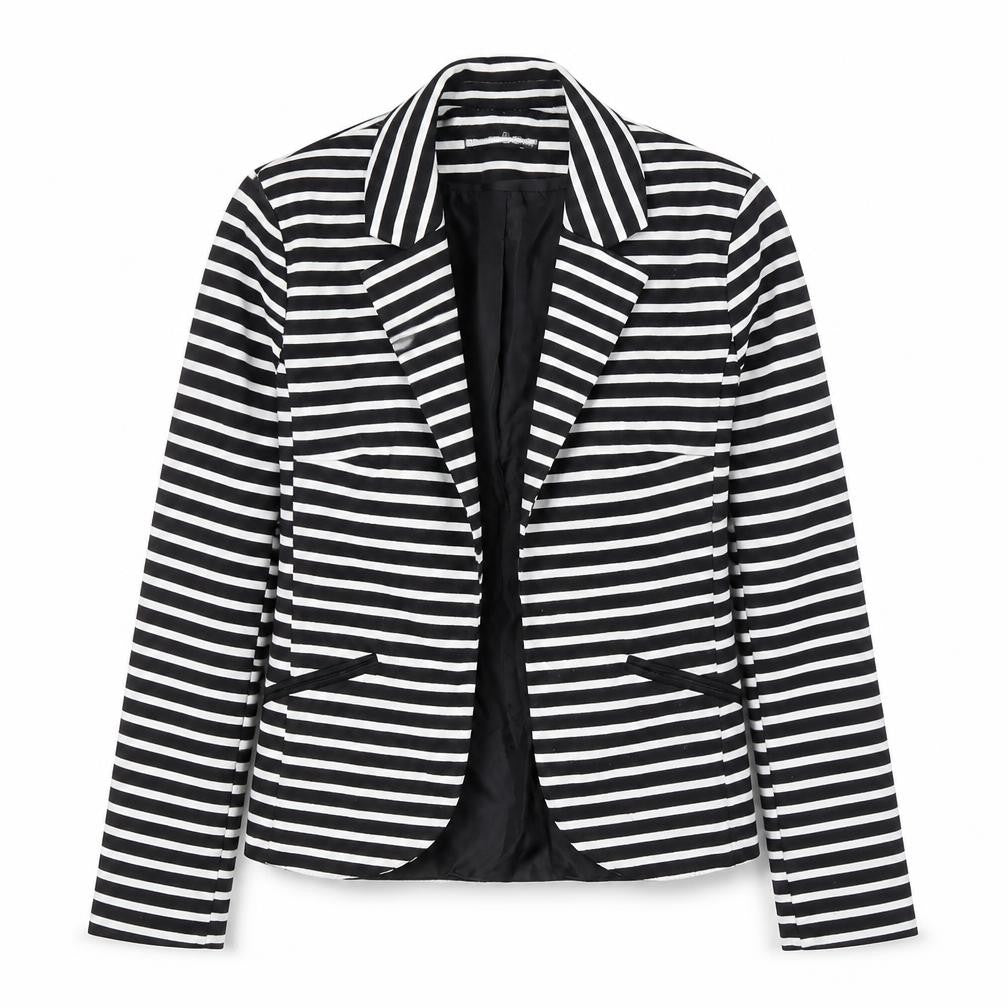 Front view of Atmosphere Women’s Black White Striped Blazer, size UK 10