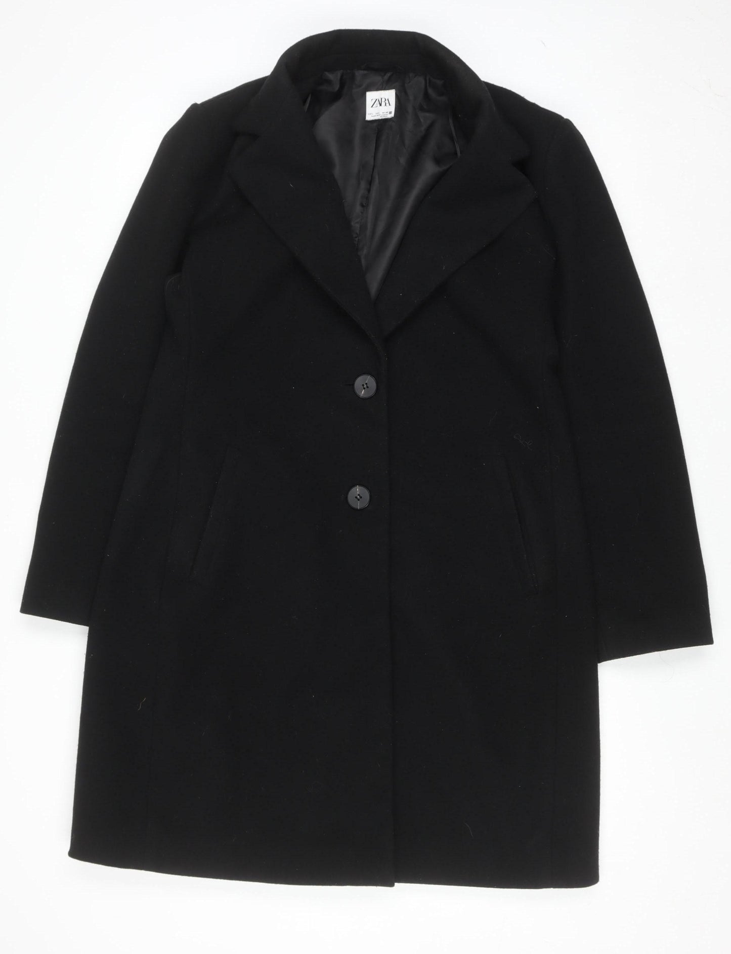 ZARA Women Black Mid-Length Polyester Overcoat Size L