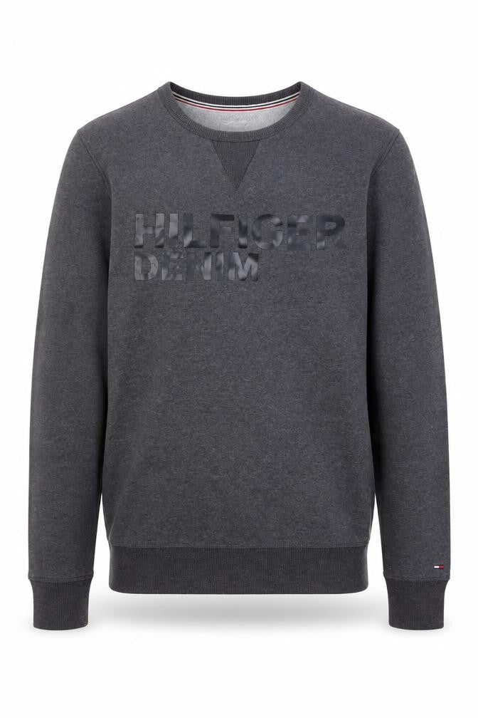 Front view of Tommy Hilfiger Denim men’s grey logo crew neck sweatshirt, size M