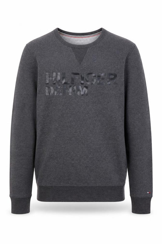 Front view of Tommy Hilfiger Denim men’s grey logo crew neck sweatshirt, size M