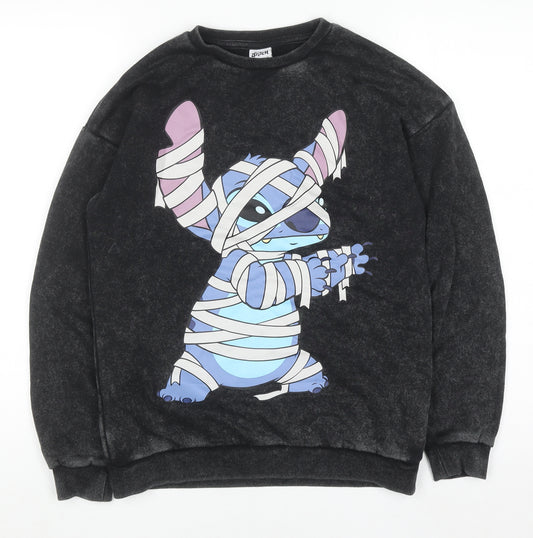 Front view of Primark Disney Stitch boys’ black sweatshirt 12-13 years pullover crew neck