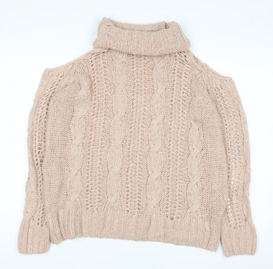River Island Women's Beige Cold Shoulder Roll Neck Cable Knit Jumper Size 10