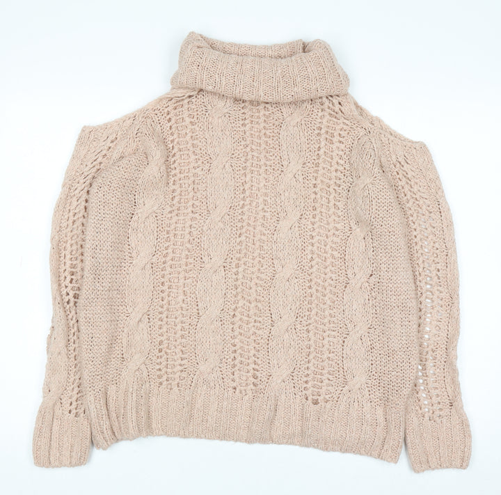 River Island Women's Beige Cold Shoulder Roll Neck Cable Knit Jumper Size 10
