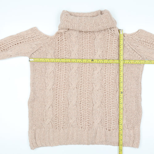 River Island Women's Beige Cold Shoulder Roll Neck Cable Knit Jumper Size 10