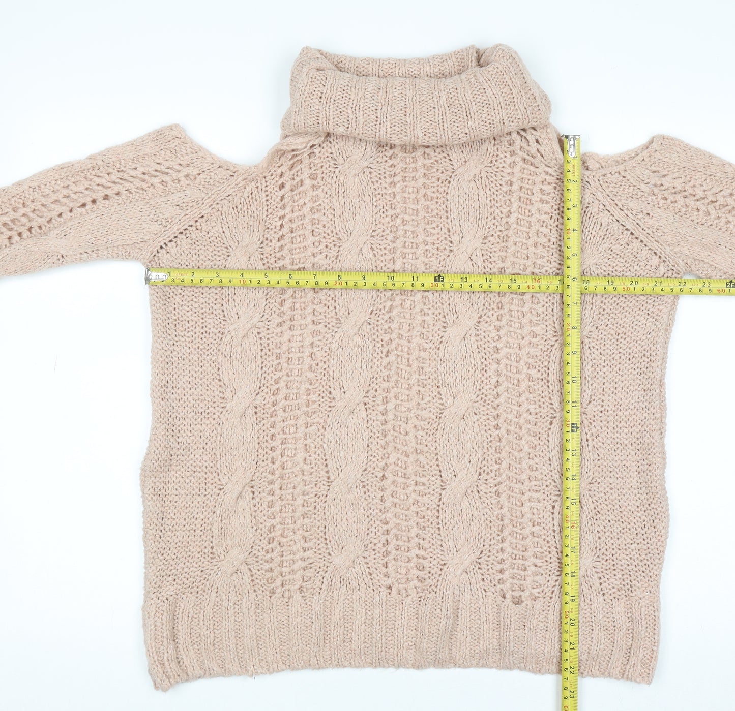 River Island Women's Beige Cold Shoulder Roll Neck Cable Knit Jumper Size 10
