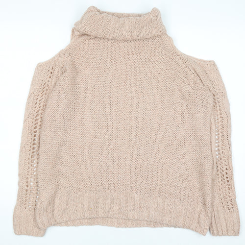 River Island Women's Beige Cold Shoulder Roll Neck Cable Knit Jumper Size 10