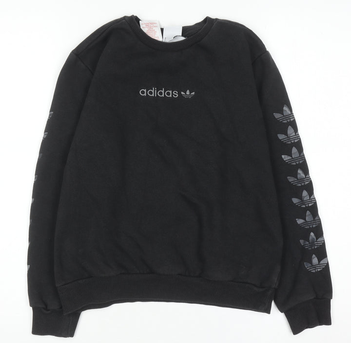 Adidas Boys Black Sweatshirt 11-12 Years Crew Neck Logo Print Fleece