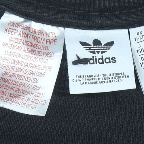 Adidas Boys Black Sweatshirt 11-12 Years Crew Neck Logo Print Fleece