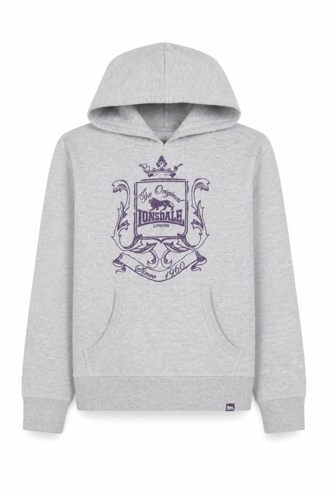 Front view of Lonsdale London boys’ grey pullover hoodie, size 8, cotton blend