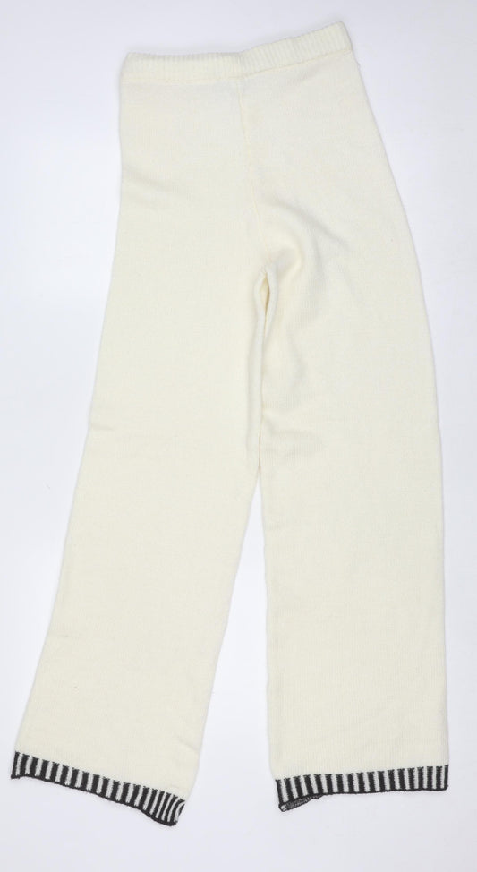 Boohoo Women Ivory Knit Trousers L Acrylic Wool Blend Elastic Waist