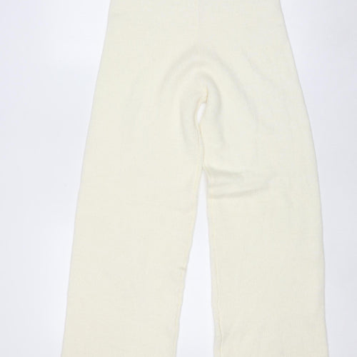 Boohoo Women Ivory Knit Trousers L Acrylic Wool Blend Elastic Waist