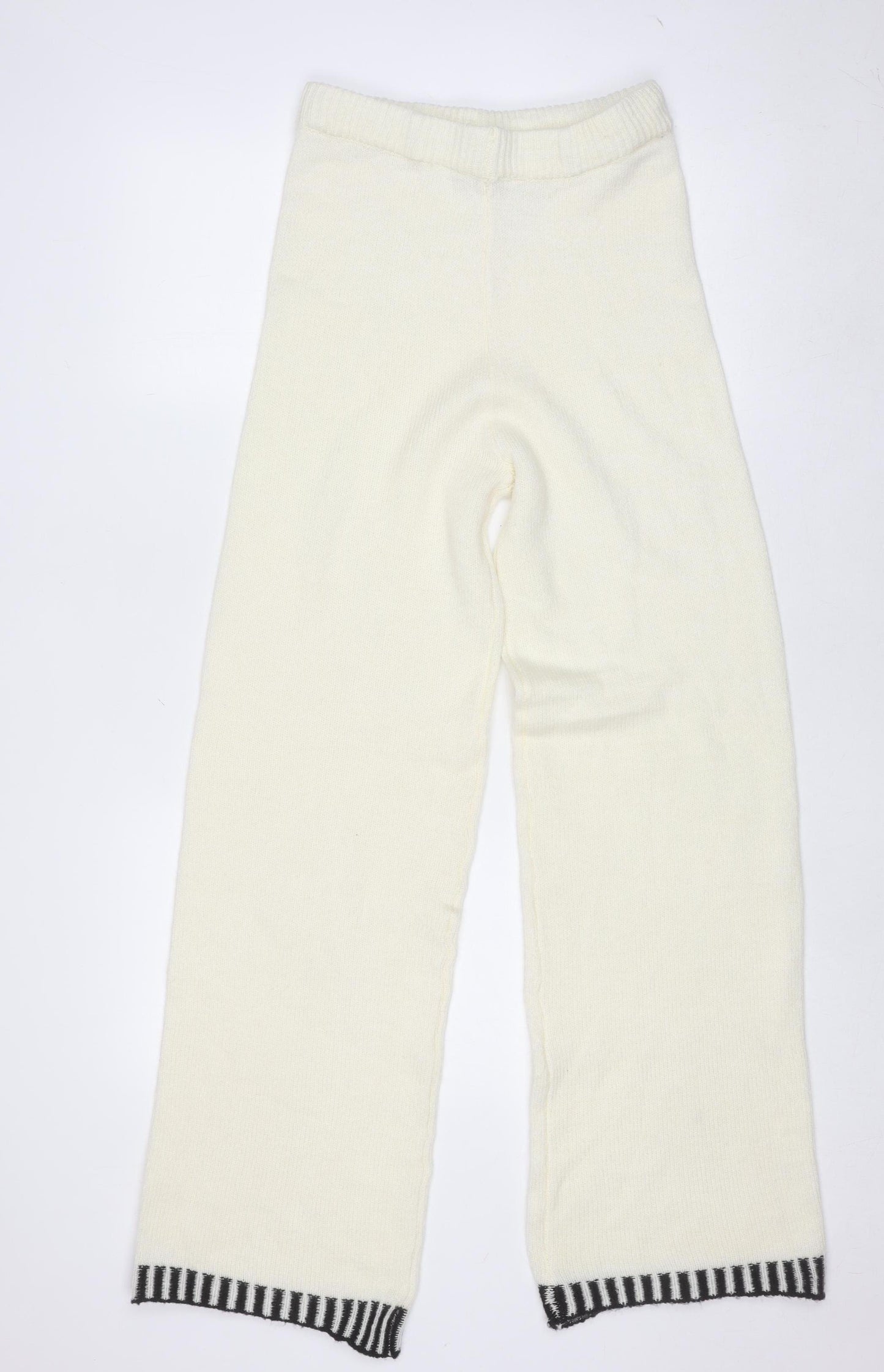 Boohoo Women Ivory Knit Trousers L Acrylic Wool Blend Elastic Waist