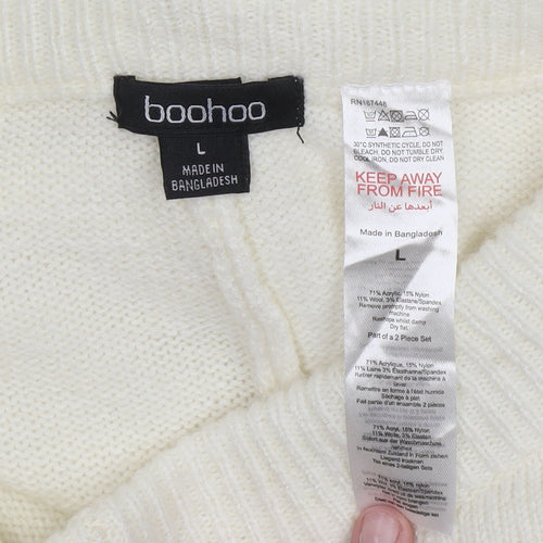 Boohoo Women Ivory Knit Trousers L Acrylic Wool Blend Elastic Waist
