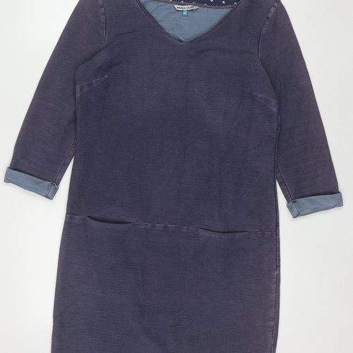 White Stuff Women's Blue Shift Dress Size 10 Cotton Blend V-Neck 3/4 Sleeve