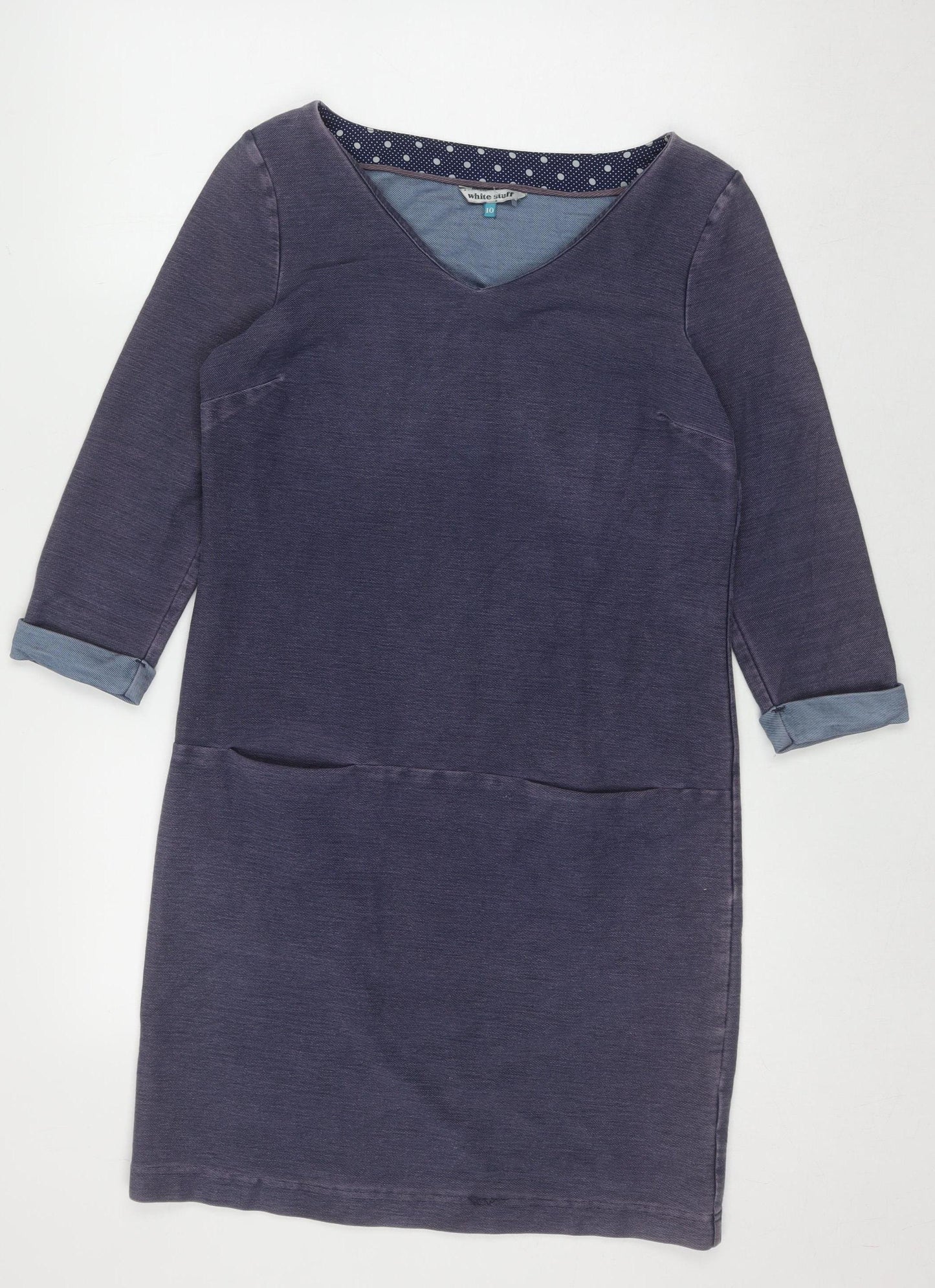 White Stuff Women's Blue Shift Dress Size 10 Cotton Blend V-Neck 3/4 Sleeve