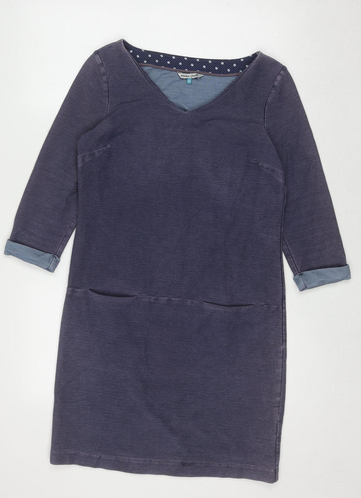 White Stuff Women's Blue Shift Dress Size 10 Cotton Blend V-Neck 3/4 Sleeve