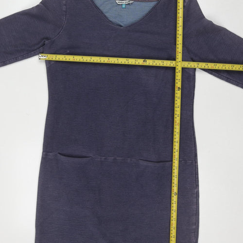 White Stuff Women's Blue Shift Dress Size 10 Cotton Blend V-Neck 3/4 Sleeve
