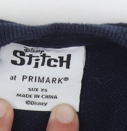 Primark Boys Blue Stitch Pullover Sweatshirt XS Disney Embroidered Jumper