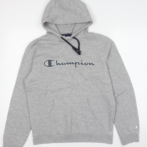 Champion Mens Grey Pullover Hoodie Medium Logo Print Sweatshirt