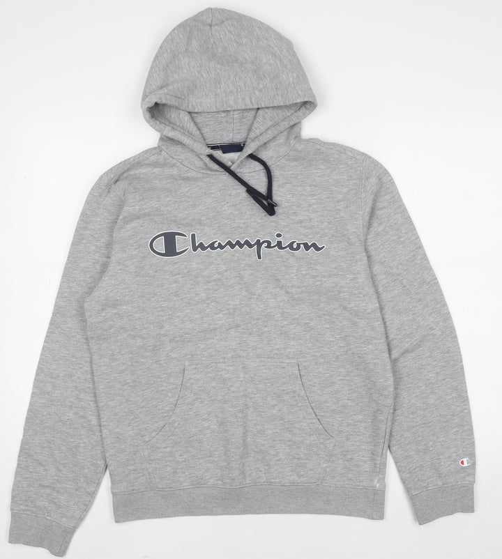 Champion Mens Grey Pullover Hoodie Medium Logo Print Sweatshirt
