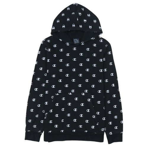 Champion Boys Black 13-14 Years Pullover Hoodie All Over Logo Print
