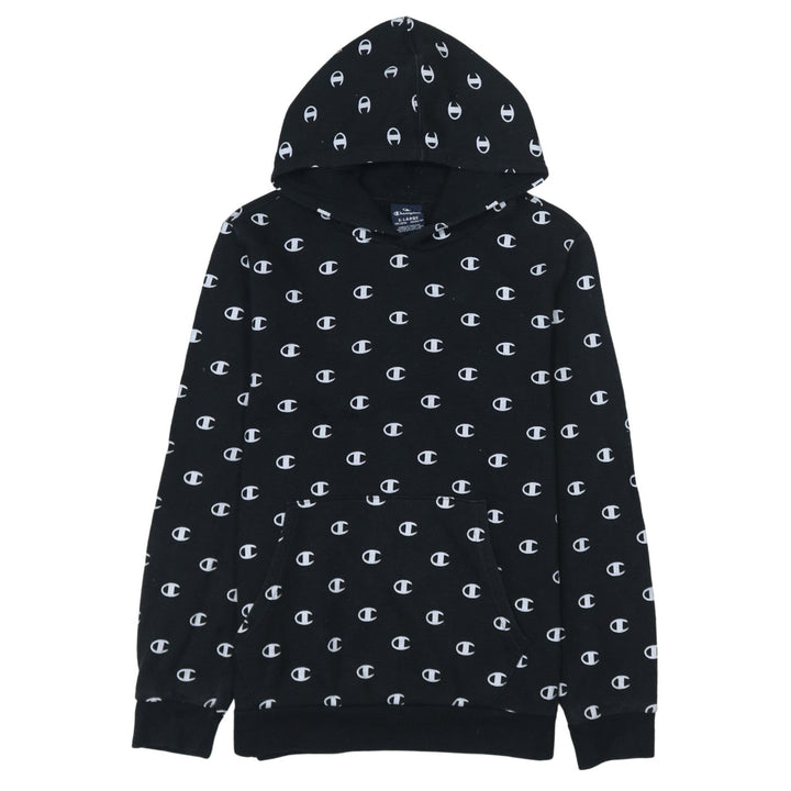 Champion Boys Black 13-14 Years Pullover Hoodie All Over Logo Print