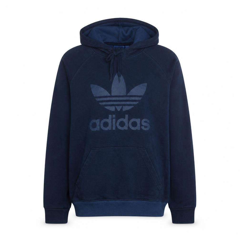 Front view of Adidas Men's Blue Pullover Hoodie Small Logo Graphic Fleece Sweatshirt