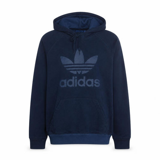 Front view of Adidas Men's Blue Pullover Hoodie Small Logo Graphic Fleece Sweatshirt