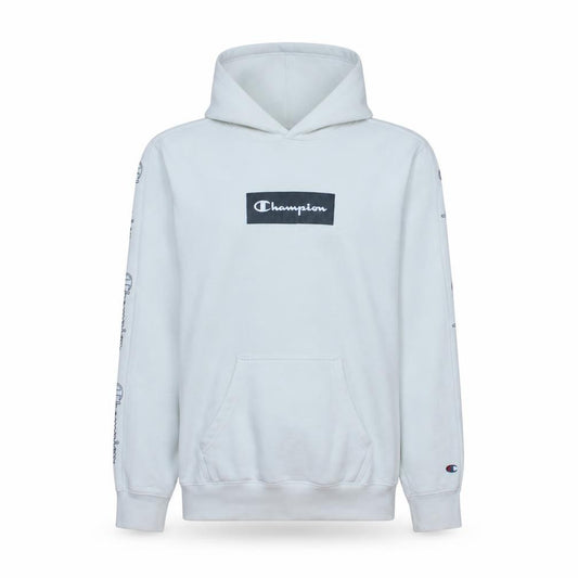 Front view of Champion Men's White Small Pullover Hoodie Logo Graphic Sweatshirt
