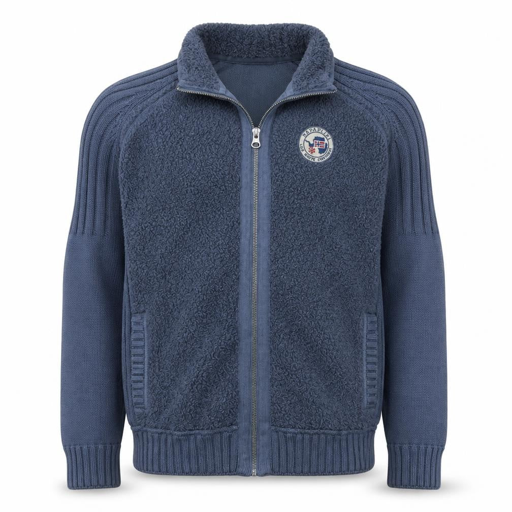 Front view of Napapijri Men's Blue Full Zip Cotton Knit Sweatshirt, size M
