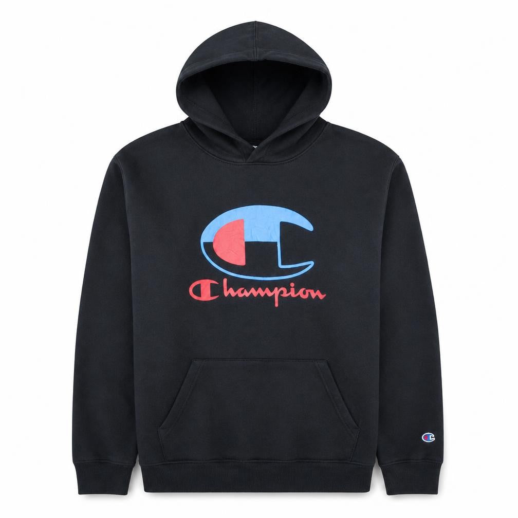 Front view of Champion Men's Black XL Pullover Hoodie with Logo Print