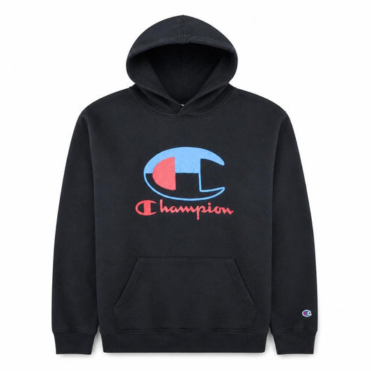 Front view of Champion Men's Black XL Pullover Hoodie with Logo Print