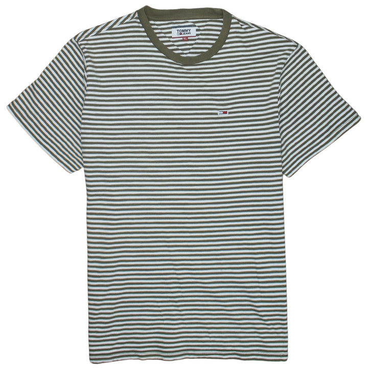 Tommy Jeans Men's Green White Striped Cotton T-Shirt XL