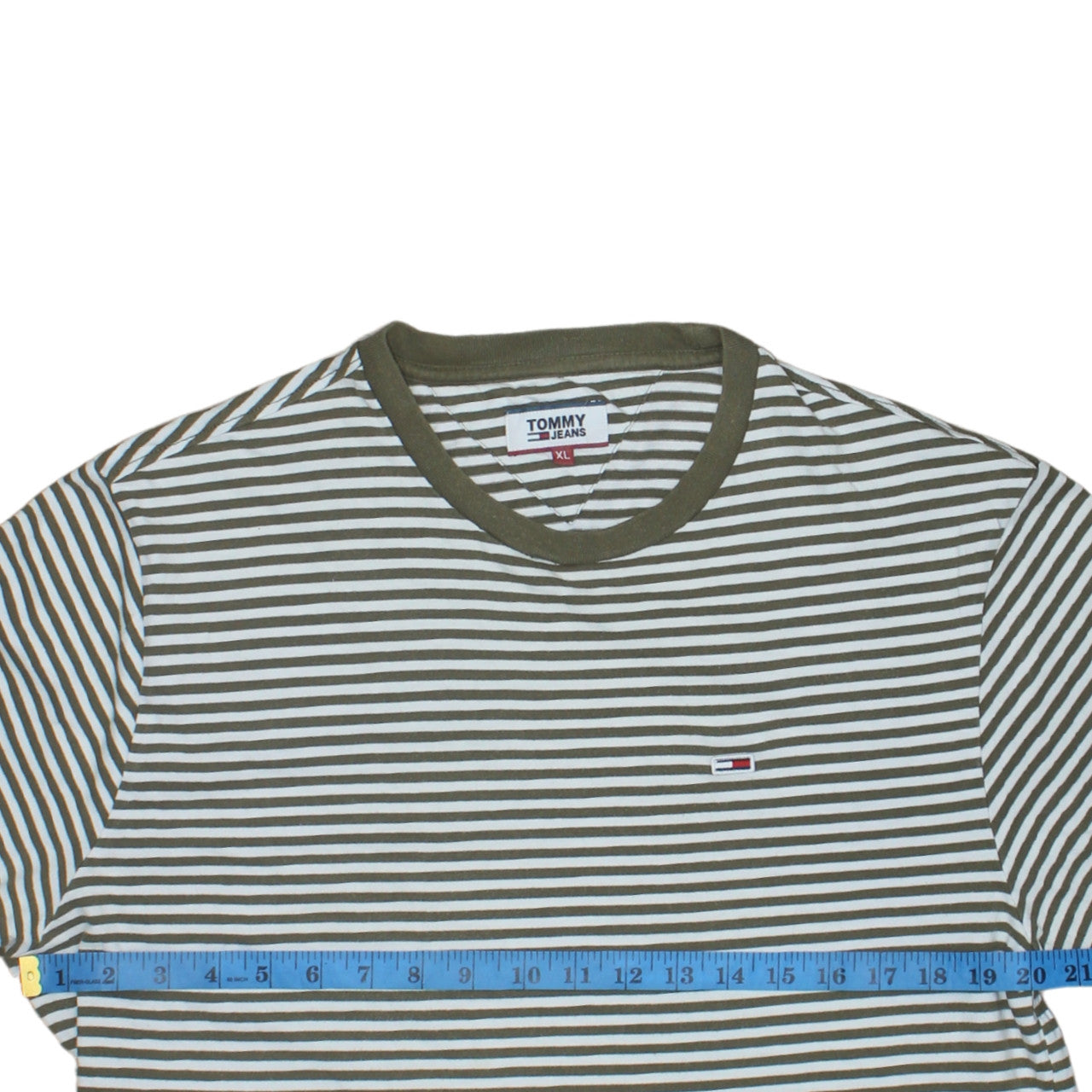 Tommy Jeans Men's Green White Striped Cotton T-Shirt XL