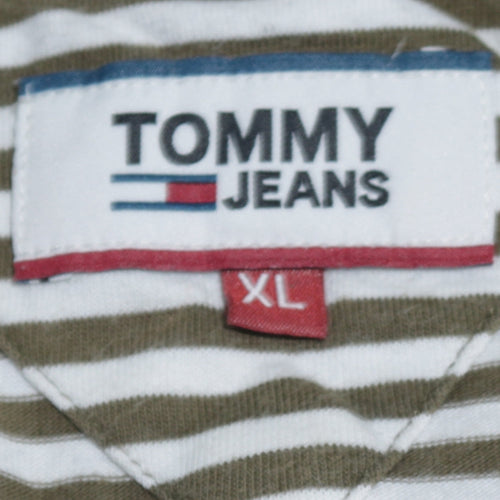 Tommy Jeans Men's Green White Striped Cotton T-Shirt XL
