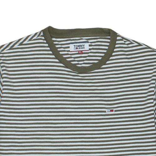Tommy Jeans Men's Green White Striped Cotton T-Shirt XL
