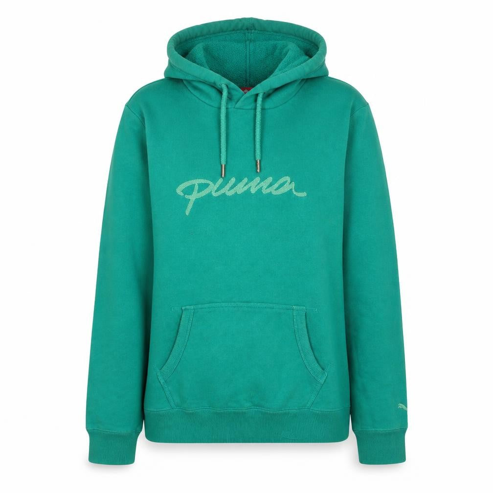 Front view of Puma Women's Green Pullover Hoodie, size 14, Lined Cotton Blend