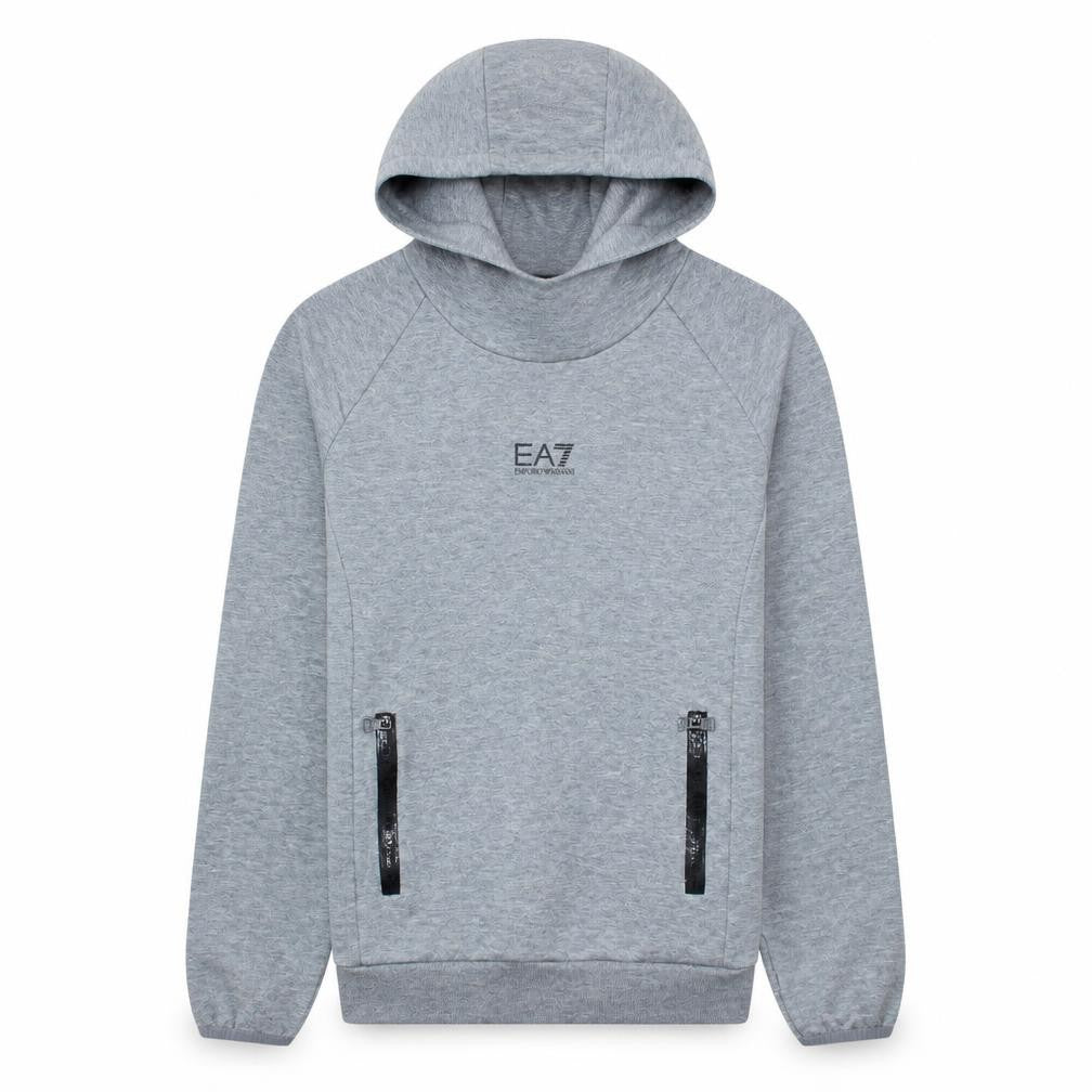 Front view of Emporio Armani EA7 Men's Grey XS Pullover Hoodie with Zip Pockets