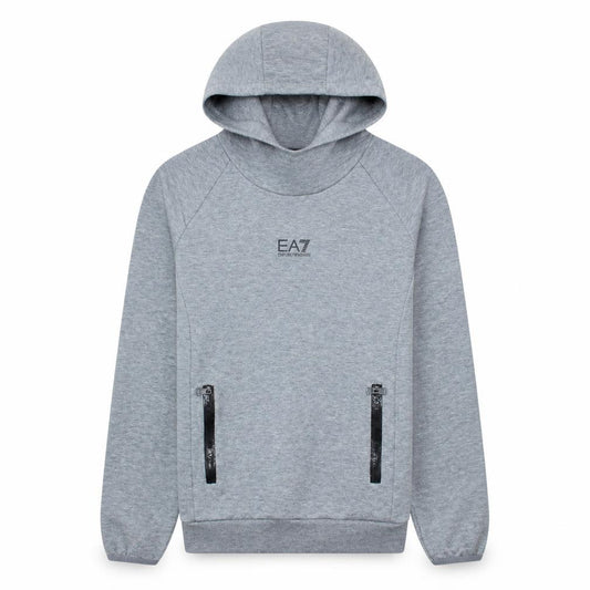 Front view of Emporio Armani EA7 Men's Grey XS Pullover Hoodie with Zip Pockets